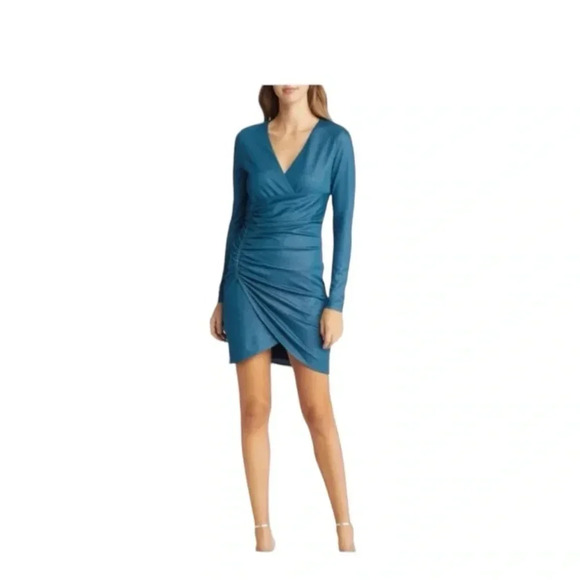 Fourteenth Place Teal Metallic Dress Mini Long Sleeve Surplice V-neck S - Picture 1 of 12